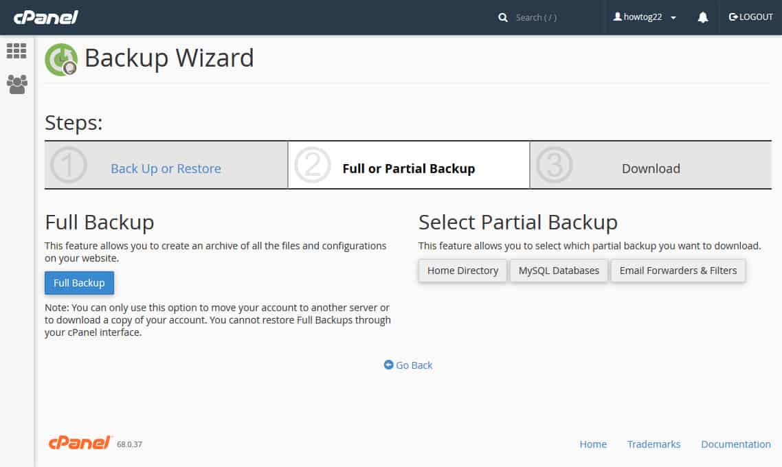 Manual website backups through cPanel