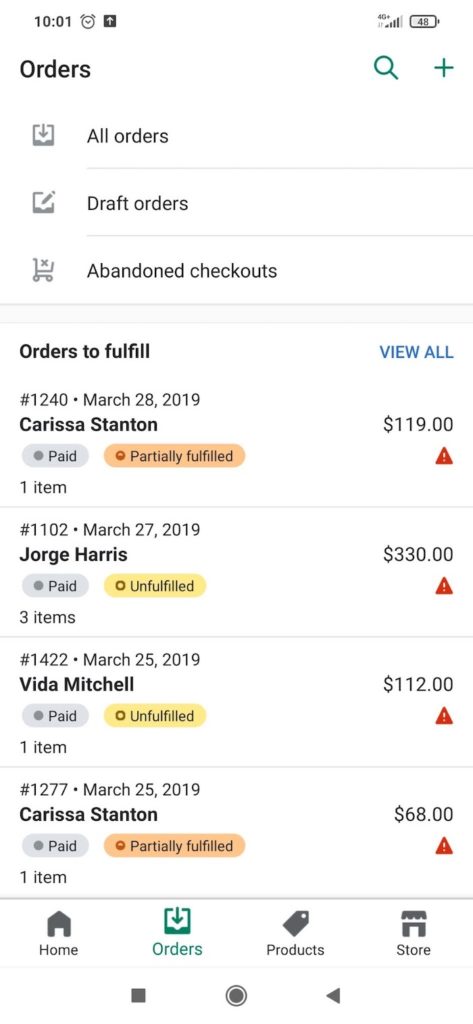 shopify mobile app orders