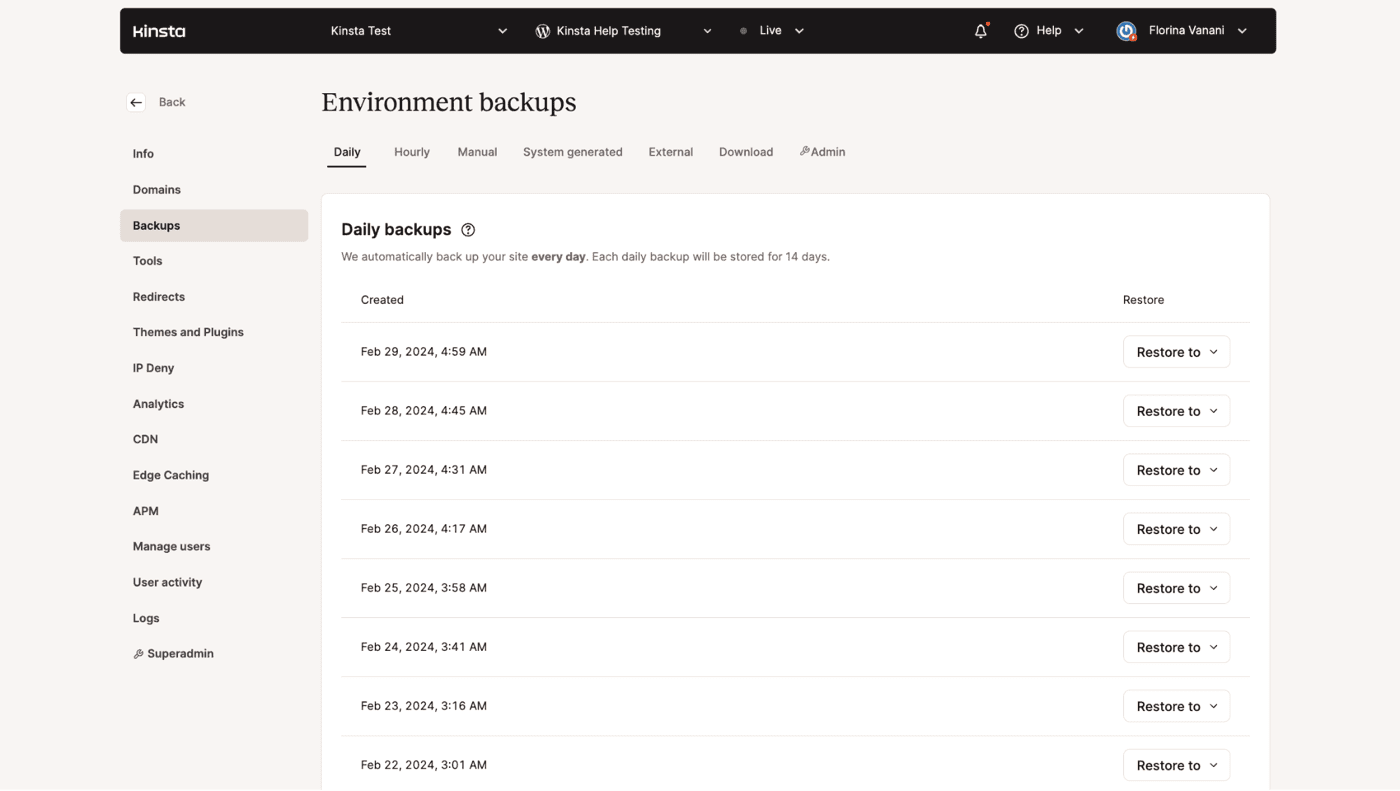 Kinsta backups