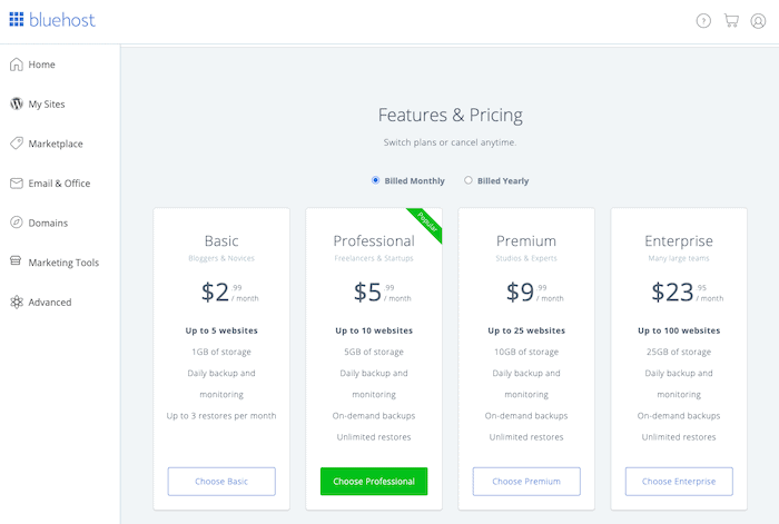 Bluehost pricing