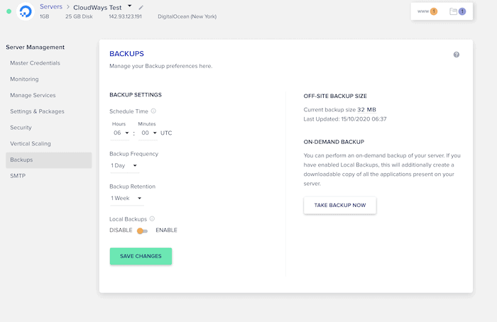 CloudWays backup menu