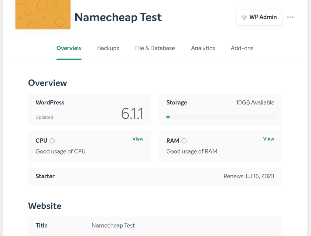 Namecheap EasyWp Control Panel