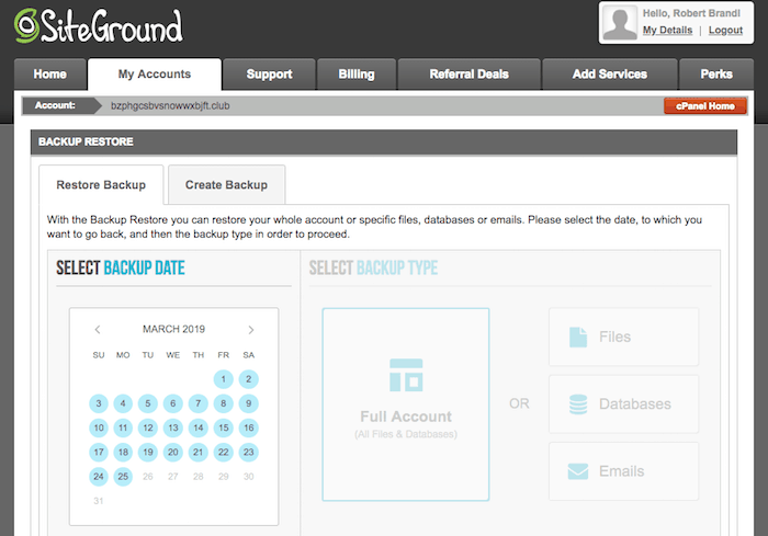 siteground advanced backup options