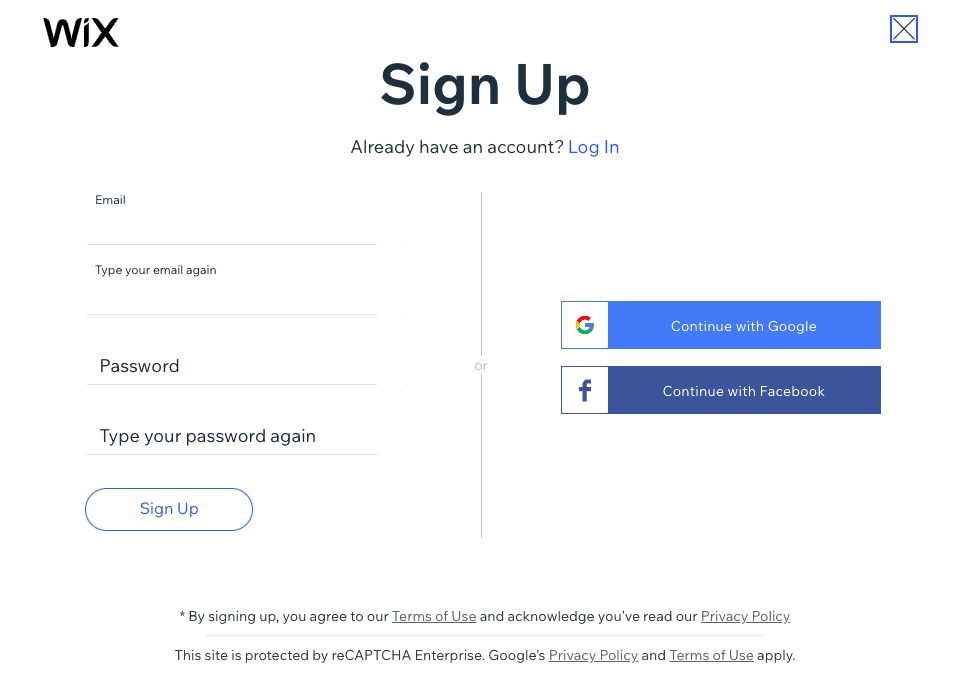 wix tutorial - sign up